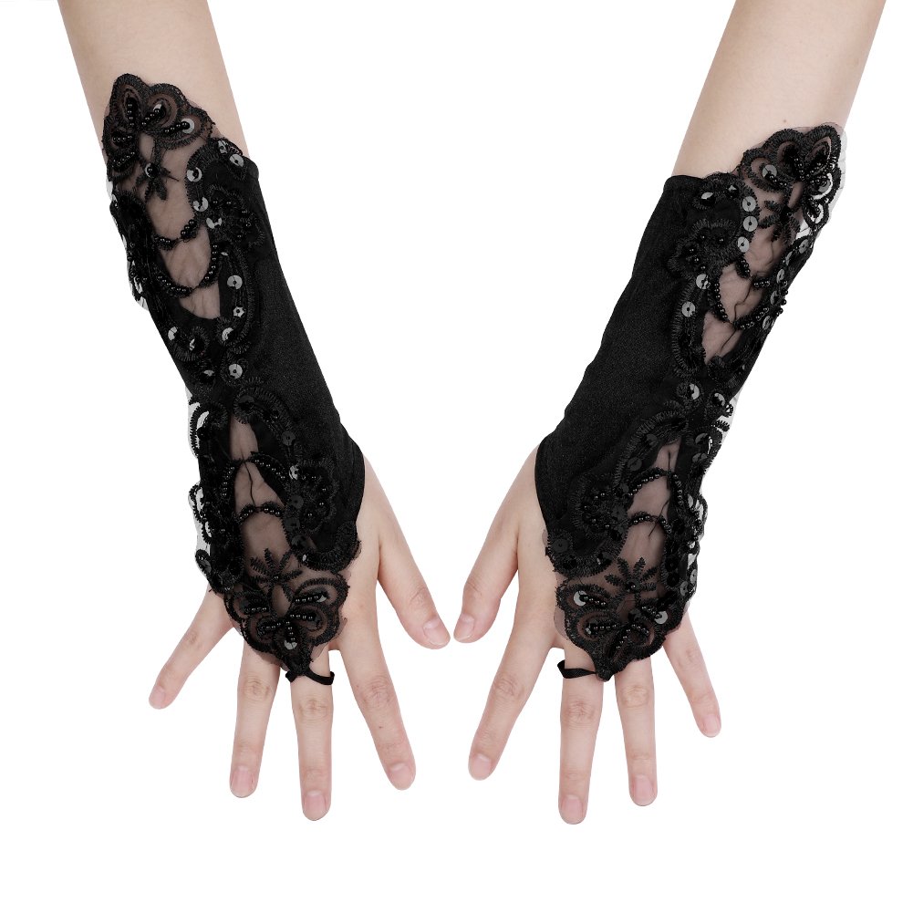 XGOPTS Bridal Fingerless Gloves, Ladies Lace Satin Sequins Wedding Gloves Finger Loop Goth Hand Wear for Prom Evening Masquerade Tea Party Fancy Dress Photography (black)