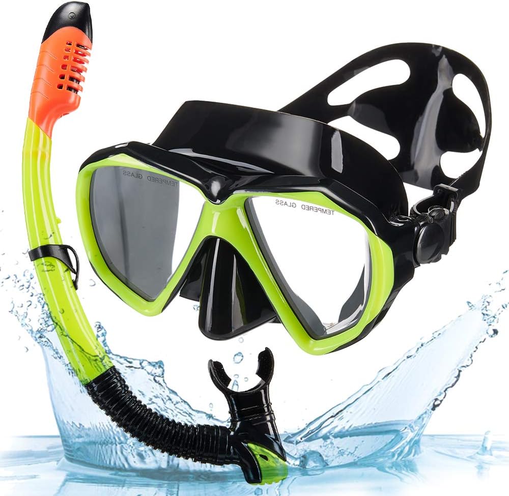 Snowledge Snorkel Mask, Scuba Diving Mask with Tempered Glasses, Impact Resistant Snorkel Set, Leak-Proof Dive Mask, Carry Bag Included