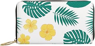 Carteiras femininas de couro legítimo folhas de verão flores amarelas porta-cartão de crédito estojo com zíper organizador de embreagem de couro feminino bolsa longa de viagem, Folhas de verão, flores amarelas, 7x4.3x0.8 Inches