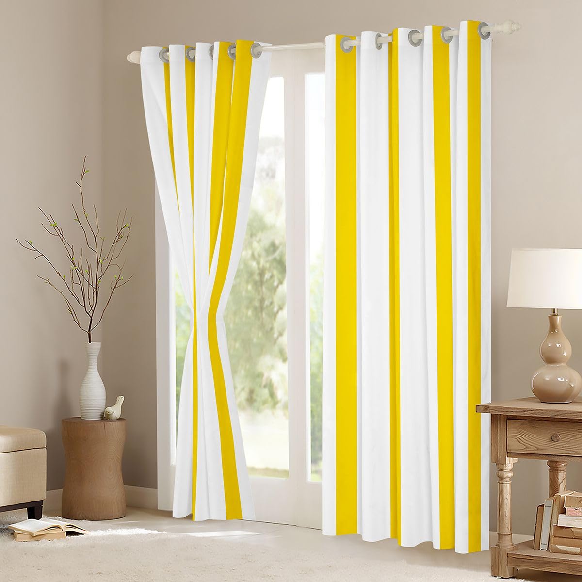 Homewish Rideau Occultant 140x245 cm Rayé Minimaliste Jaune et Blanc Rideau Rayures Neutres Abstraites Rideaux Voilage Ferme Moderne Voilage Fenetre Imprimé Rayures Simples Classiques