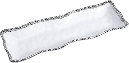Pampa Bay Salerno - Plato rectangular de porcelana con ribete plateado para queso, carnes, aperitivos, aperitivos y postres