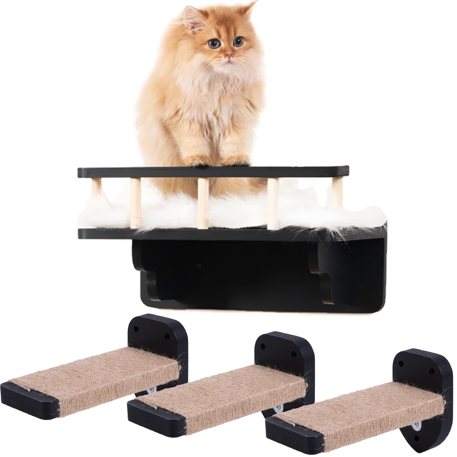 Katzen-Wandregal mit 3 Stufen und Plüschbezug für Hauskatzen, Schwarz