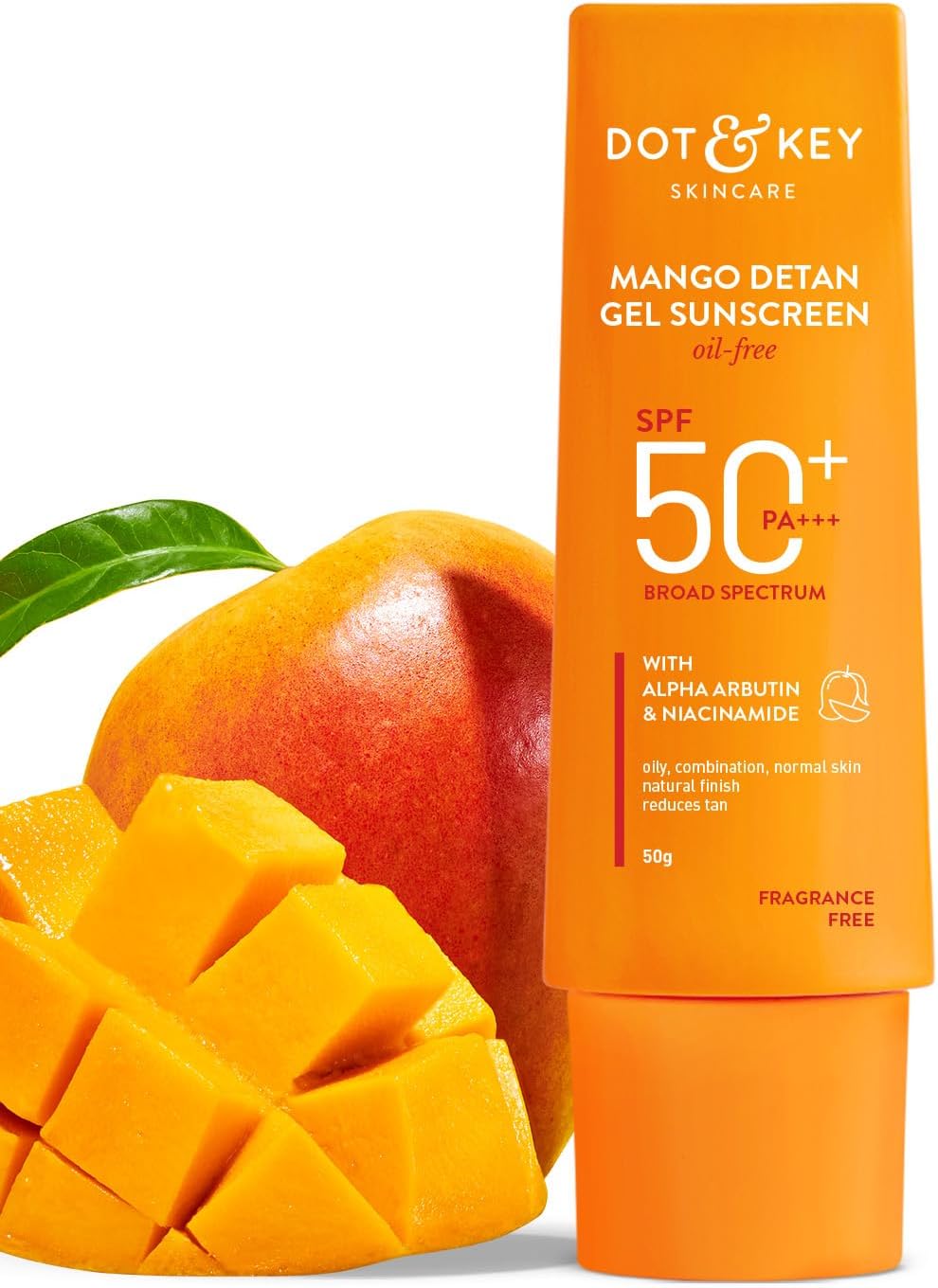 Mango Detan Gel Sunscreen SPF 50+ PA+++ 50g In-Vivo Tested | Oil-Free, With Alpha-Arbutin & Niacinamide | Controls Tanning, Brightens Skin, Ultra-light | Fades Dark Spots, Evens Tone, Water Resistant | All Skin Types | 50g