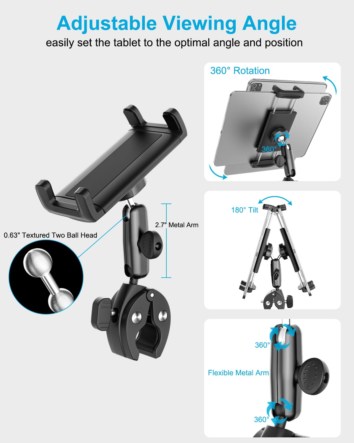 Support Tablette Moto, Universel Support Tablette pour Pied de Micro/Fauteuil Roulant/Tapis de Course/Poussette, 360° Fixation sur Guidon Porte pour 4-13" iPad Pro Air Mini, Galaxy, iPhone