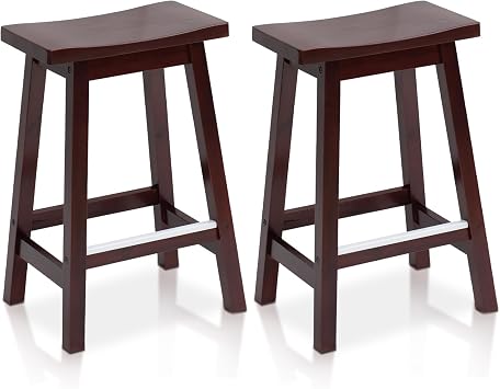 Barstool Set of 2, Solid Wood Saddle-Seat Bar Stools with Matel Footrest, 30 Inch Bar Chair for Counter Dining Kitchen Island Brown