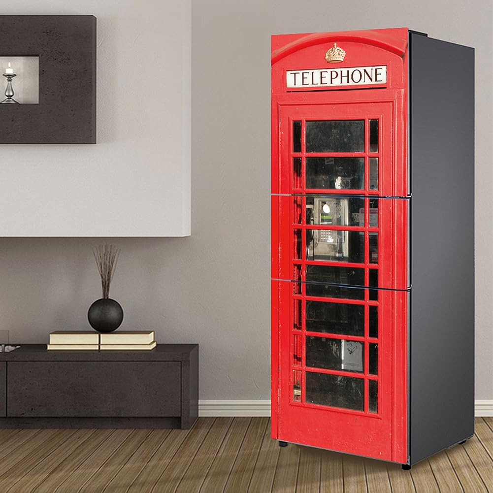 Fridge Wraps Kitchen Fridge Stickers Cover Full Doors, Fridge Sticker Full Covering Door Fridge Covers Skins wall Stickers for Kitchen Decal, Old red Phone Booth Vintage