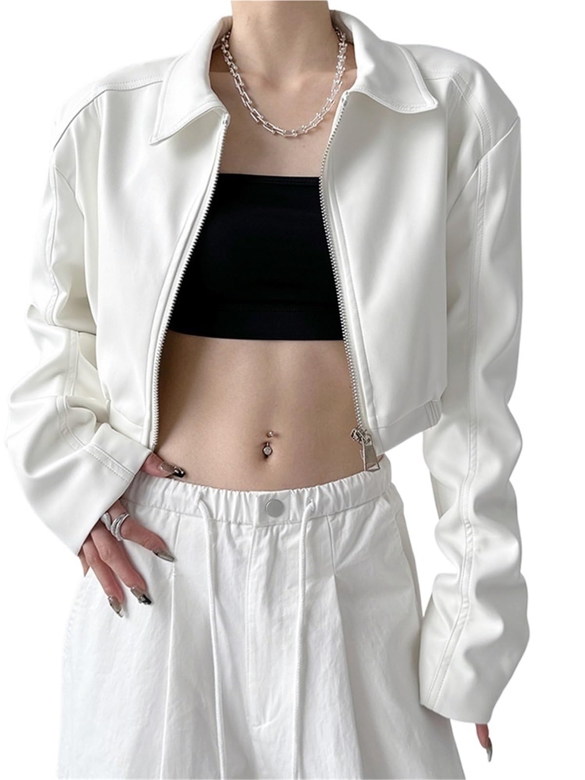 Chaqueta Cuero Mujer Chaquetas de cuero for mujer, abrigos cortos manga larga con solapa, ropa calle retro cremallera, abrigo informal moda Para salir