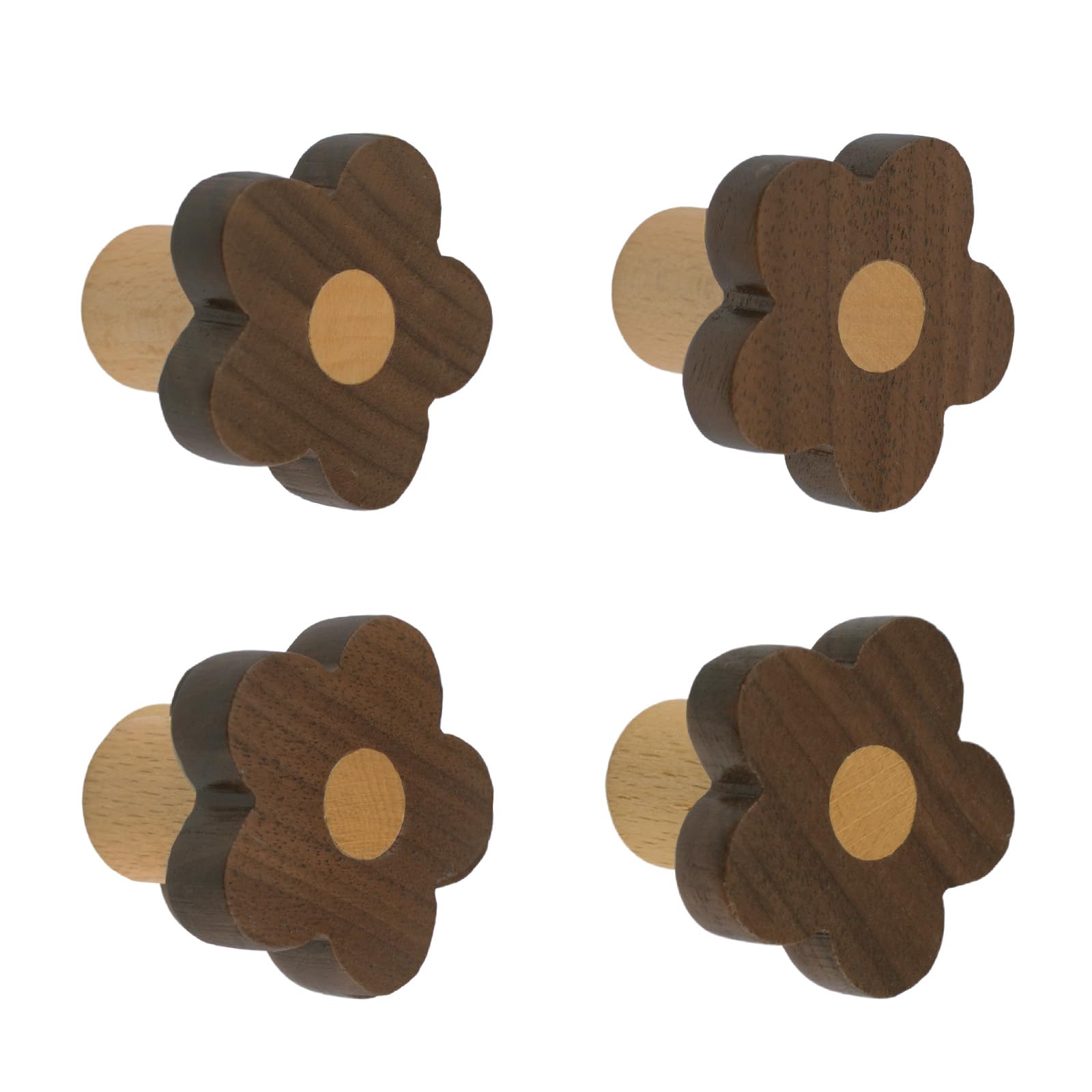 MOROBOR 4pcs Flower Shaped Wooden Cabinet Knobs, Single Hole Walnut Wood Handles Nursery Pulls for Chest of Drawers with Screws & Expansion Tube — image 1