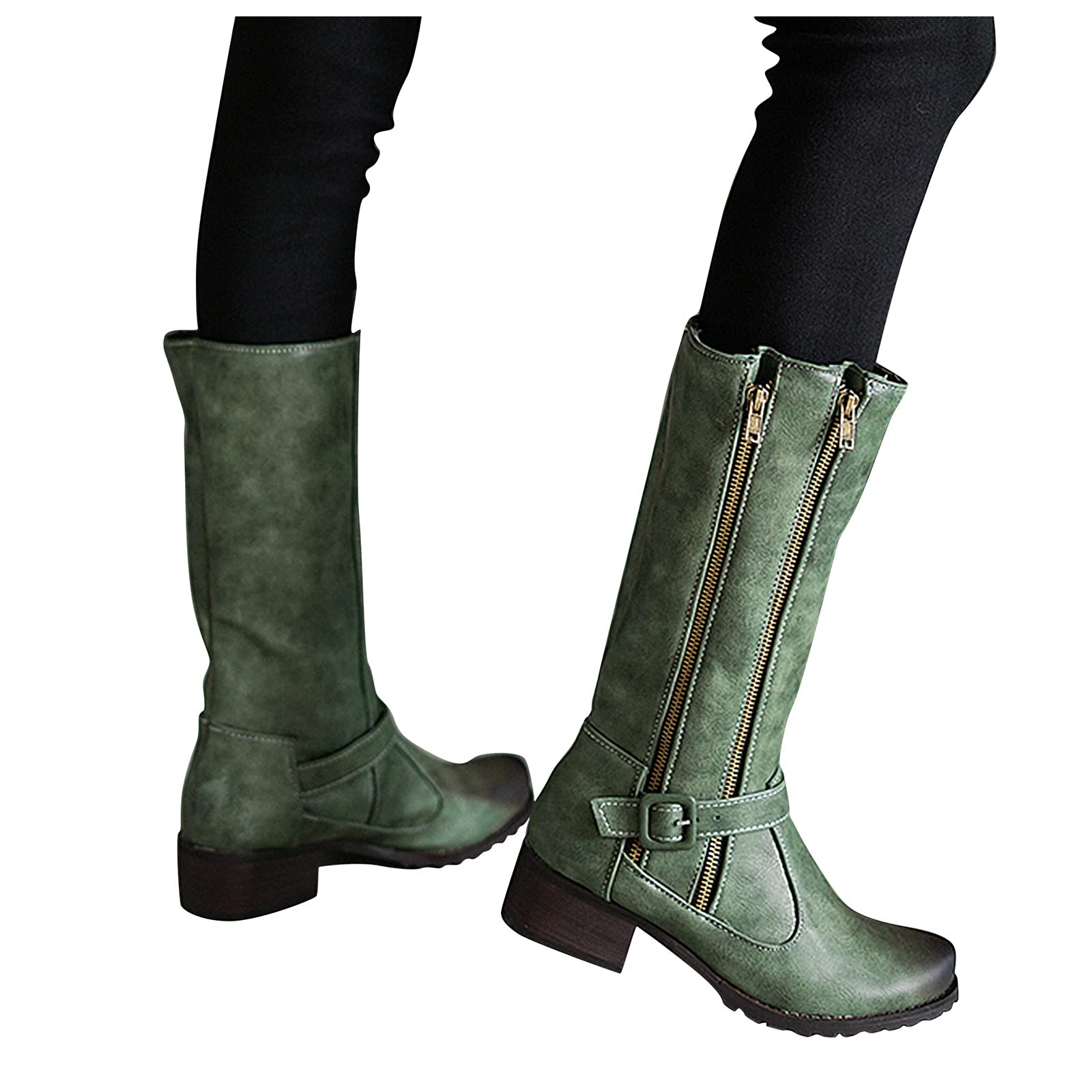 Generisch Botas de equitación para mujer, de moda media, doble grueso, informal, con cremallera, botas de tacón para mujer, con hebilla