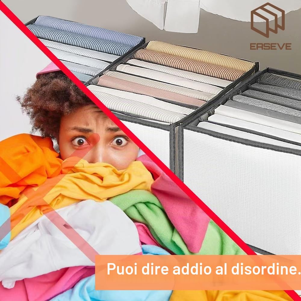 EASEVE Confezione da 6 organizer per armadio e vestiti – Divisori pieghevoli per cassetti a 7 scomparti, organizer per jeans, pantaloni, camicie, pantaloni, scatole impilabili per abbigliamento