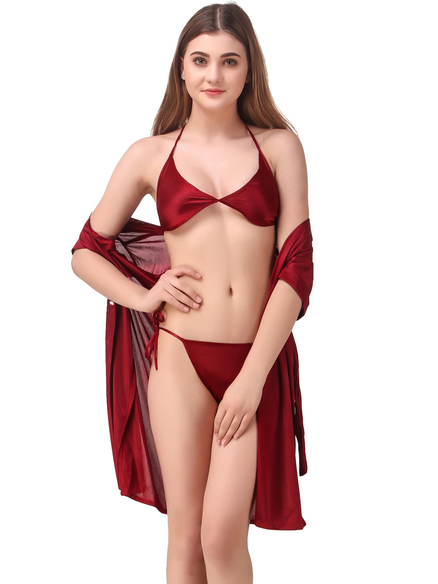 women's satin solid above knee length robe with bra and thong (size - free size) (nightwear set pack of 3)