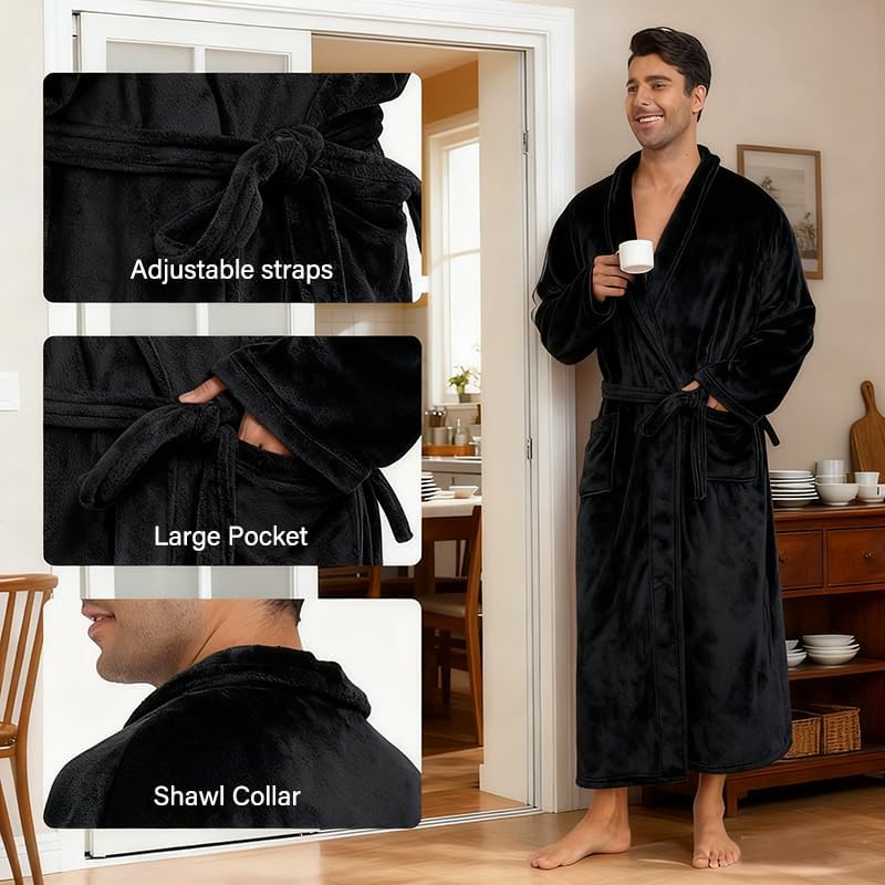 Mens Fleece Robe Soft Plush Collar Shawl Bathrobe Lightweight Long Bath Shower with Belt & 2 Pockets - Image 5