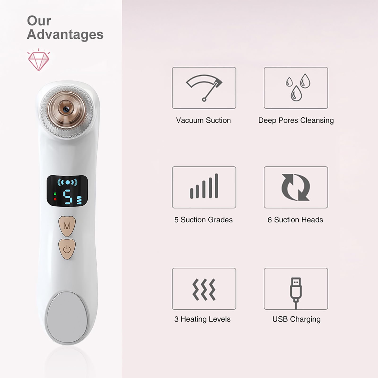 ERICAT Aspiradora removedora de Puntos Negros, removedor de Puntos Negros Mejorado con Pantalla LED y 6 sondas reemplazables, 3 Modos de Calentamiento y 5 Niveles de succión, Adecuado para Mujeres