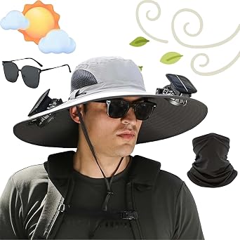 Wide Brim Solar Fan Outdoor Fishing Hat-Solar & USB Charging, Waterproof Removable Outdoor Solar Fan Hats US, Alpha, One Size, Light Gray