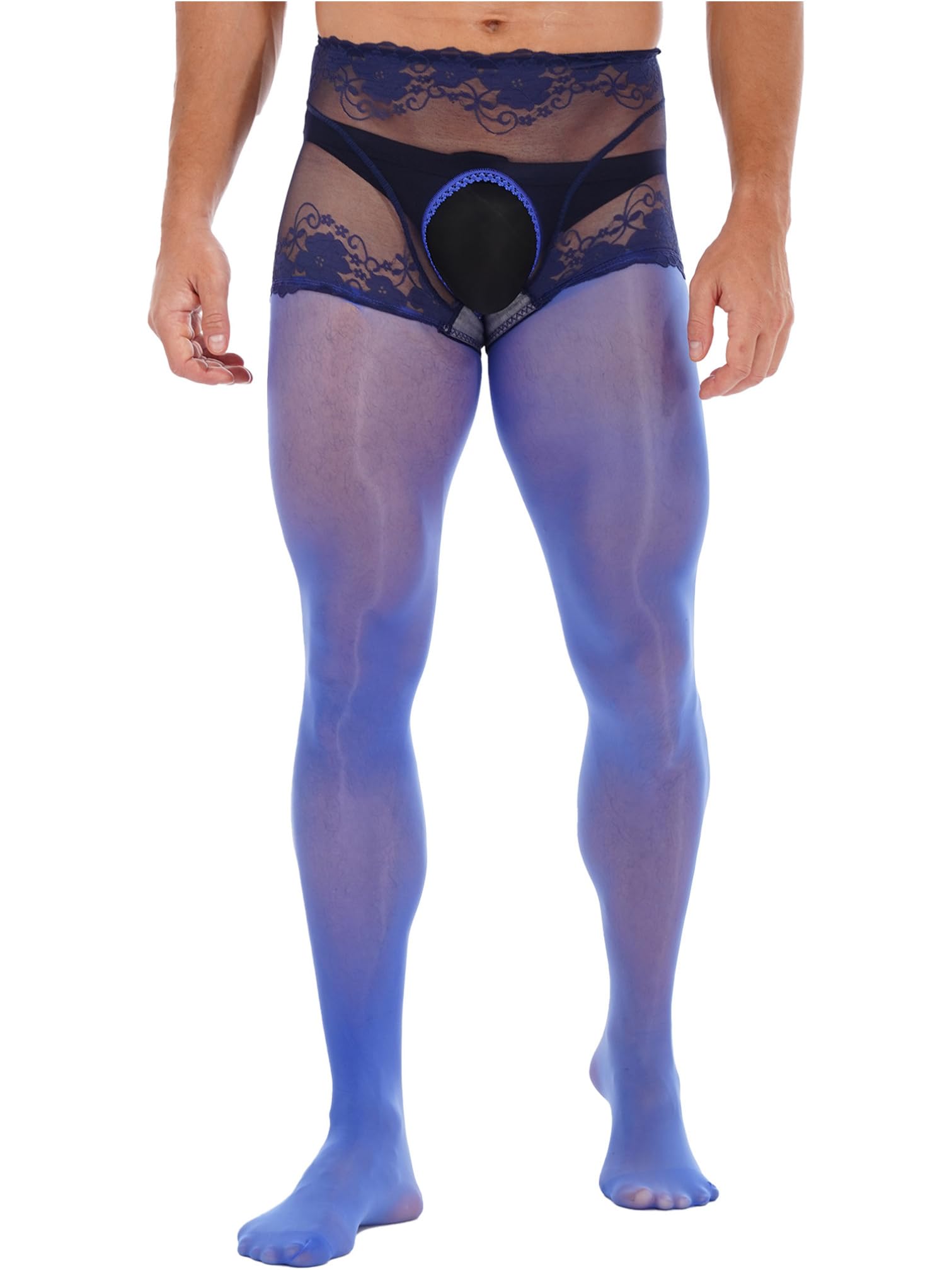 YiZYiF Herren Strumpfhose Ouvert Sexy Transparent Spitze Feinstrumpfhose Schrittlose Panyhose Erotik Sissy Dessous Unterwäsche A_Königsblau L