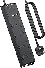 4 Way Extension Lead with USB (2 USB C), ANVODE Plug Extension Socket with Individual Switches, Multi Plug Power Strip for Home Office Dorm, 2M Extension Cable, Black