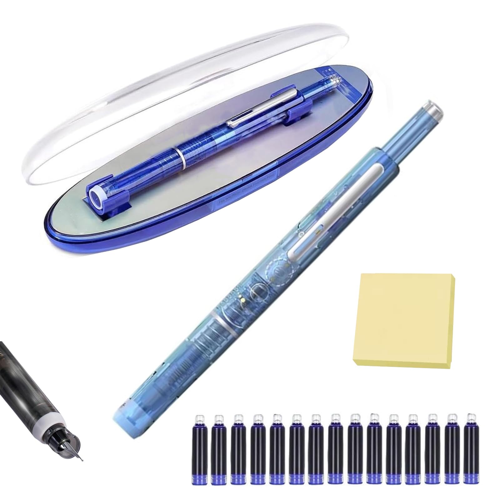 Retractable Fountain Pen, Fountain Pen Retractable:0.38mm Blue&Black Ink Transparent Barrel Includes 15 Refillable Ink Cartridges, for Smooth Writing No Leaking (Light Blue,Blue)