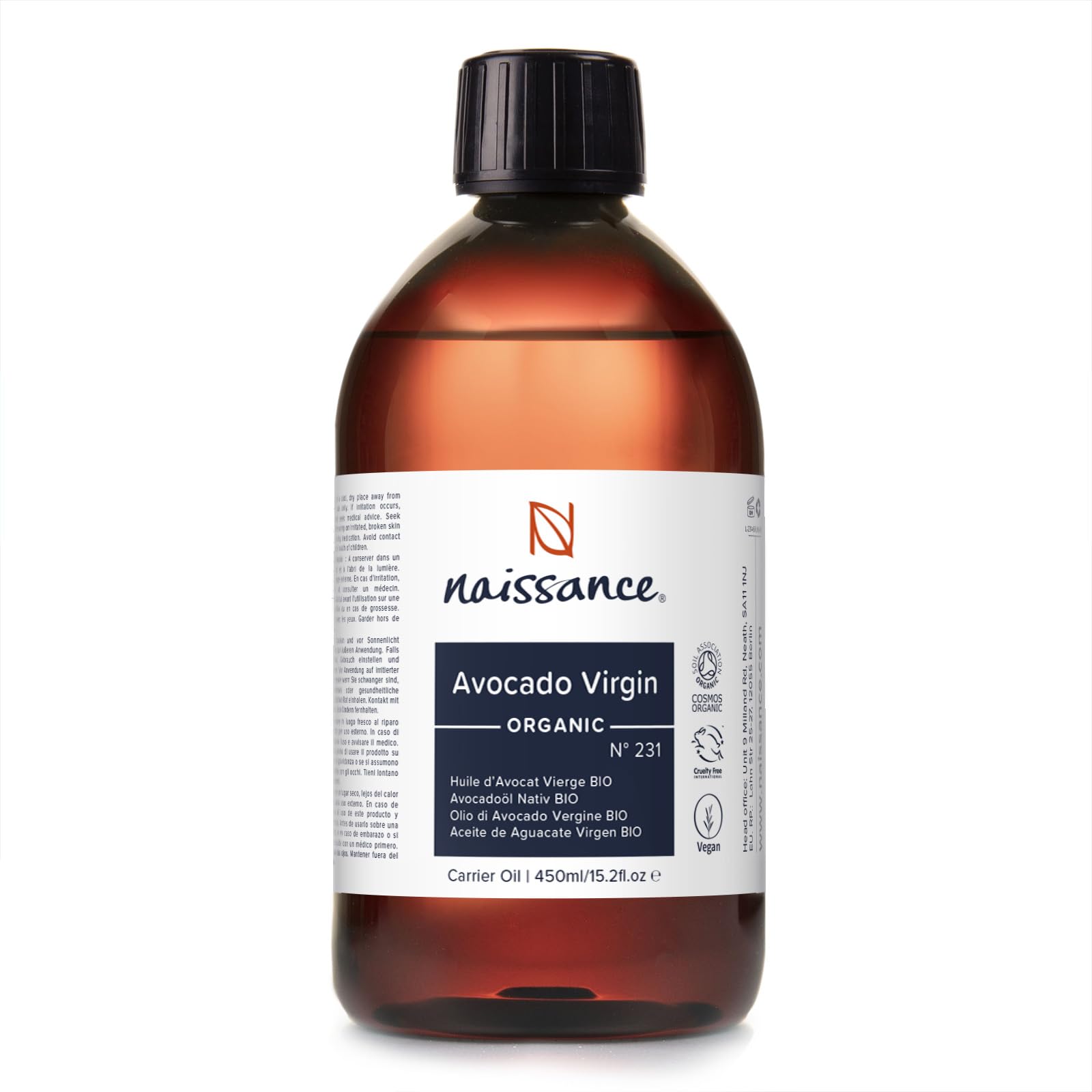 NaissanceOrganic Avocado Oil (no. 231) - 450ml - Natural Moisturiser - for Skin, Face, Nails, Body, Hair Growth, Nails, Soap Making[Amazon-developed Certification] Compact by Design