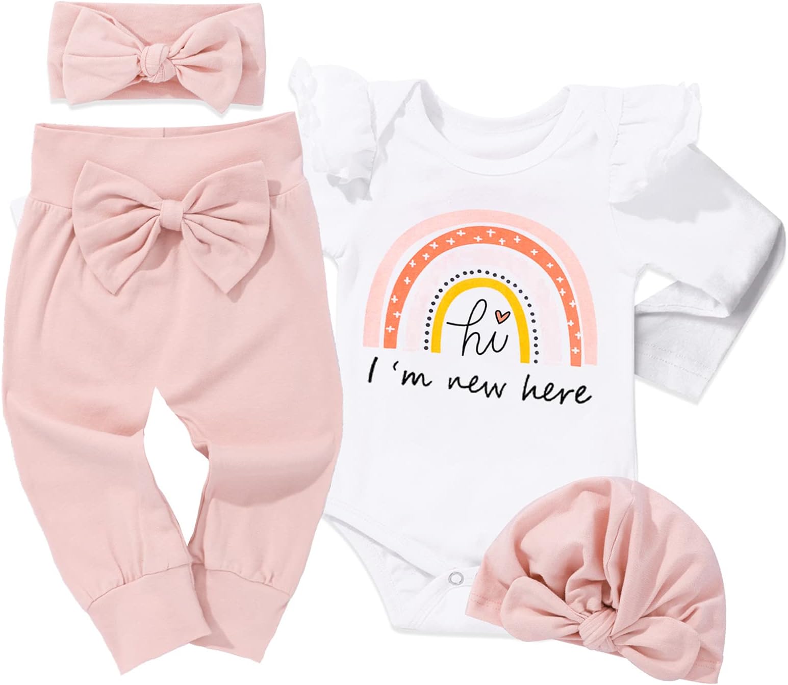 WIQIBaby Girl Clothes, Newborn Girl Letter Print Romper Tops +Cute Pants +Hat +Headband 4PCS Spring Summer Outfits Set