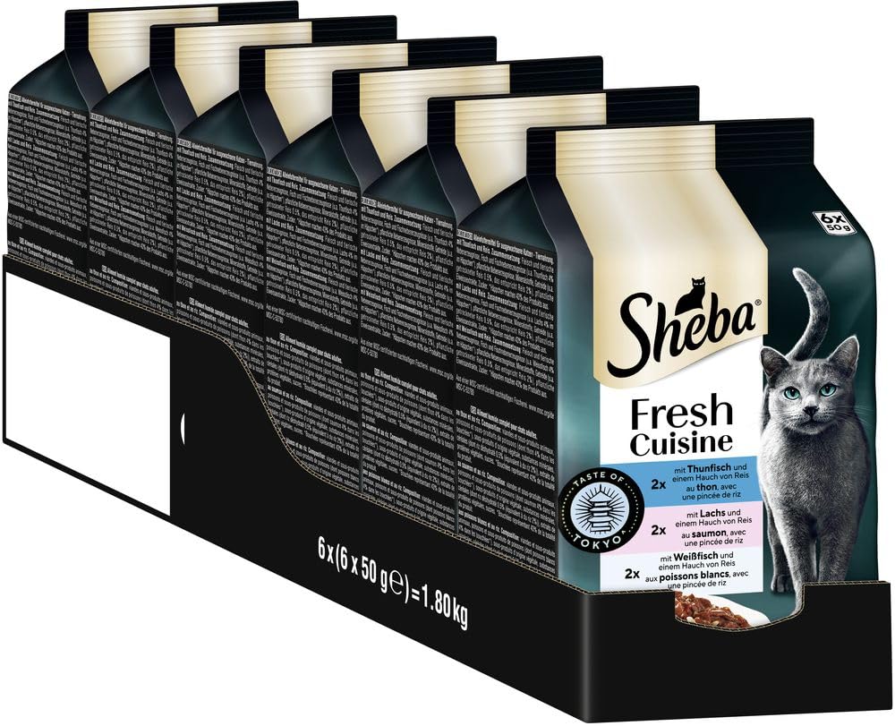 Sheba Portionsbeutel Katzennassfutter Multipack Fresh Cuisine Taste of Tokyo mit Thunfisch und Lachs MSC, 6x6x50g - Exquisites Katzenfutter mit Thunfisch und Lachs