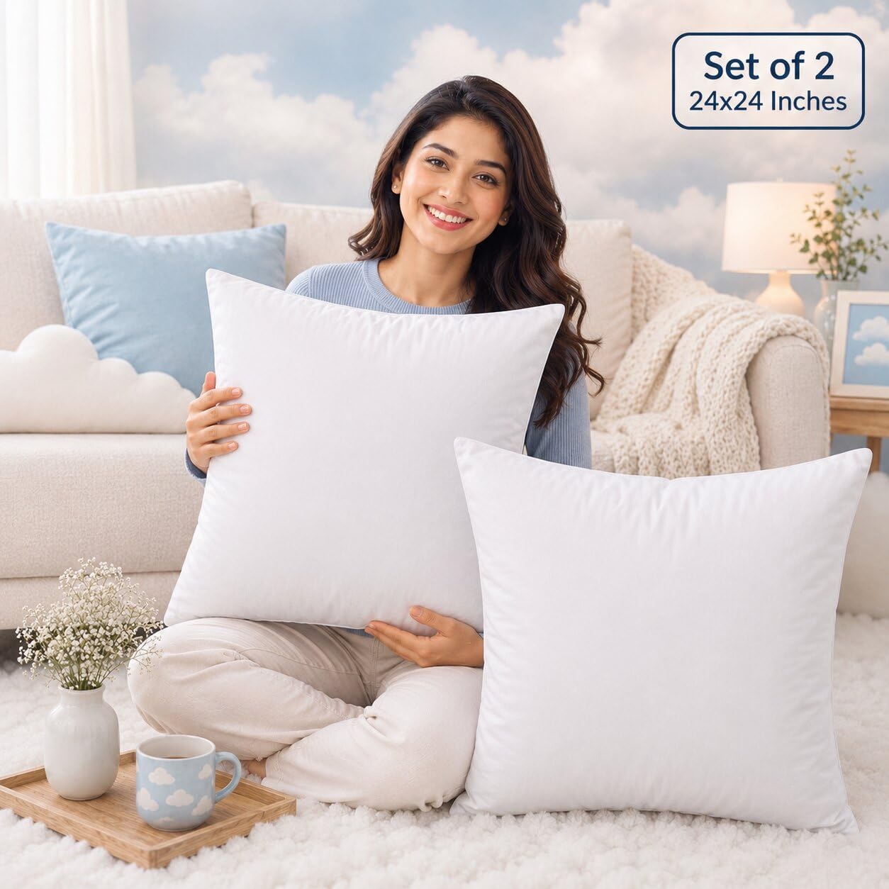 JDX Big Size Micro-Fiber Cushion Set of 2 - Size 24x24 Inch - Best Hotel Quality - Premium Fiber - Color White | 18011-2-24x24 3