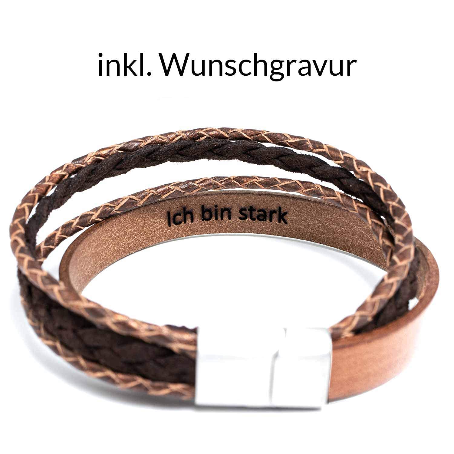 Armband mit Namen, Lederarmband Herren mit Gravur, Personalisiertes Geschenk Männer und Frauen, Echtleder Cappuccino, Magnetverschluss Edelstahl, Freundschaftsarmband, Partnerarmband