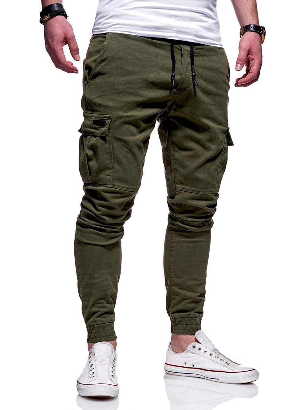 rioxs Men's Cargo Pants Casual Sports Sweatpants Running Jogging Workout Drawstring Athletic Trousers With Multiple Pockets