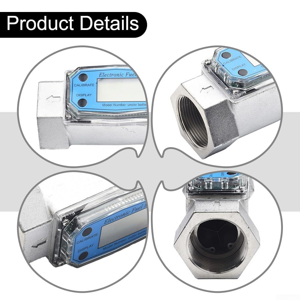 Medidor de flujo de agua preciso digital – Contador de turbina para aceite, queroseno y combustible – Carcasa robusta de acero inoxidable – Conexión de 0,5 a 2 pulgadas – Piscina y tecnología (1,5