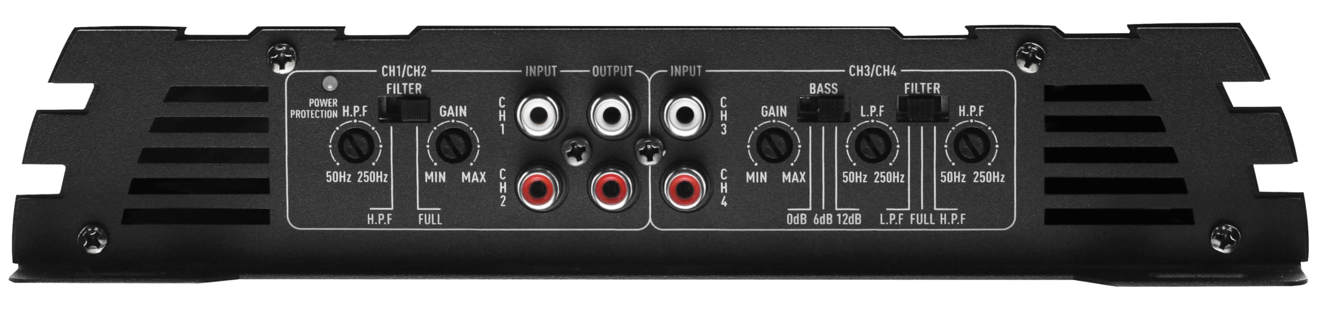 Crunch GPX-1000.4 Amplificador de coche de 4 canales – Amplificador de clase A/B con 4x125W RMS @2 Ohm, 2x250W puenteado @4 Ohm – Refuerzo de graves, filtro HPF/LPF, Cinch, amplificador de alta