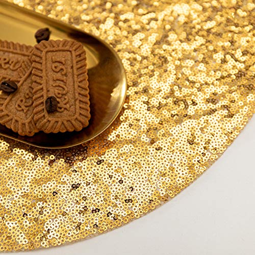 Sequin Round Placemats For Dining Table Set Of 6 Gold Place Mats , Washable Glitter Placemats For Table Decor Wedding Accent Centerpiece (Gold, 6) #TOP3