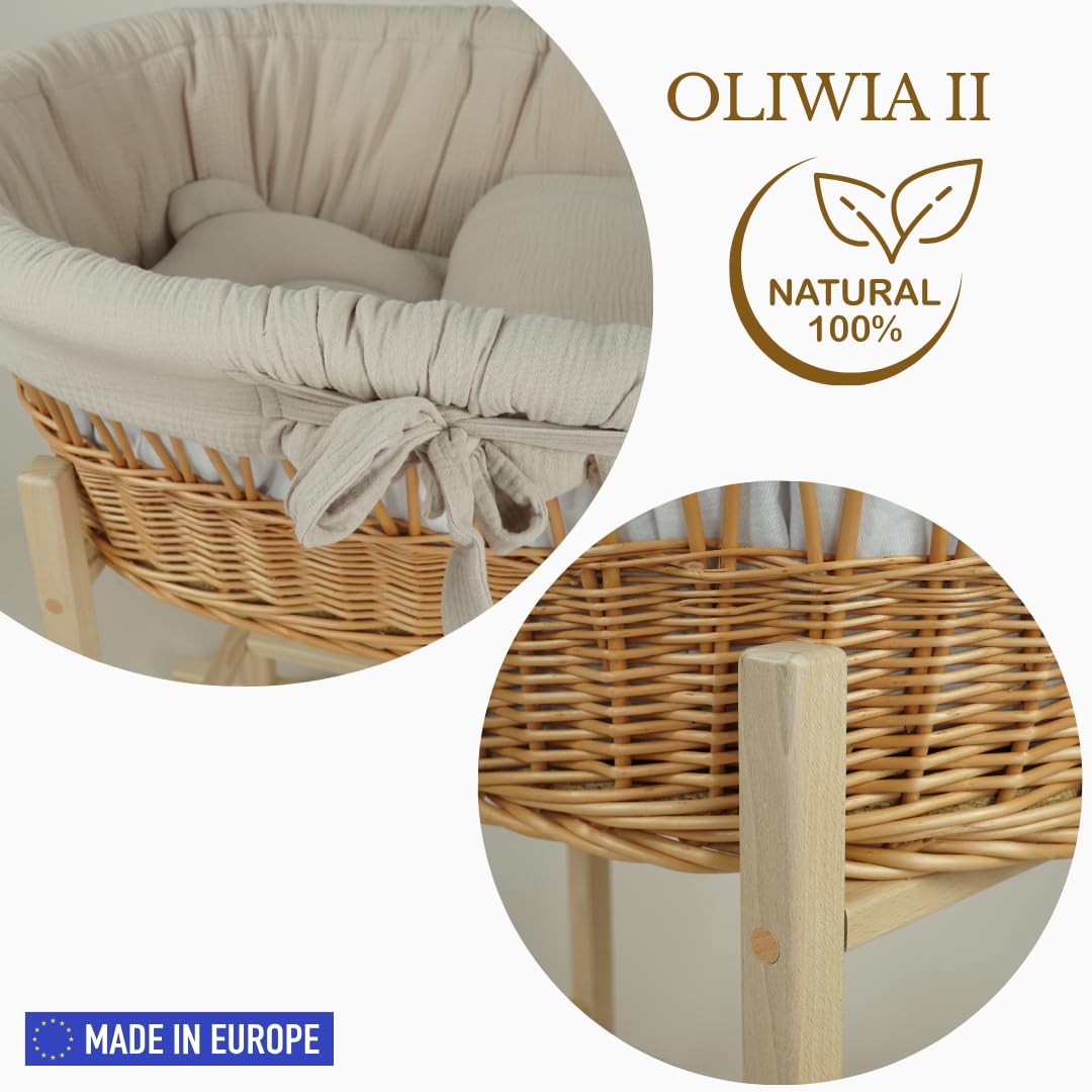 Wiklinopol Couffin Bébé OLIWIA II – Berceau en Osier avec Support en Bois – Ensemble Complet avec Matelas & Linge en Mousseline Beige, Respirant, Lavable & hypoallergénique