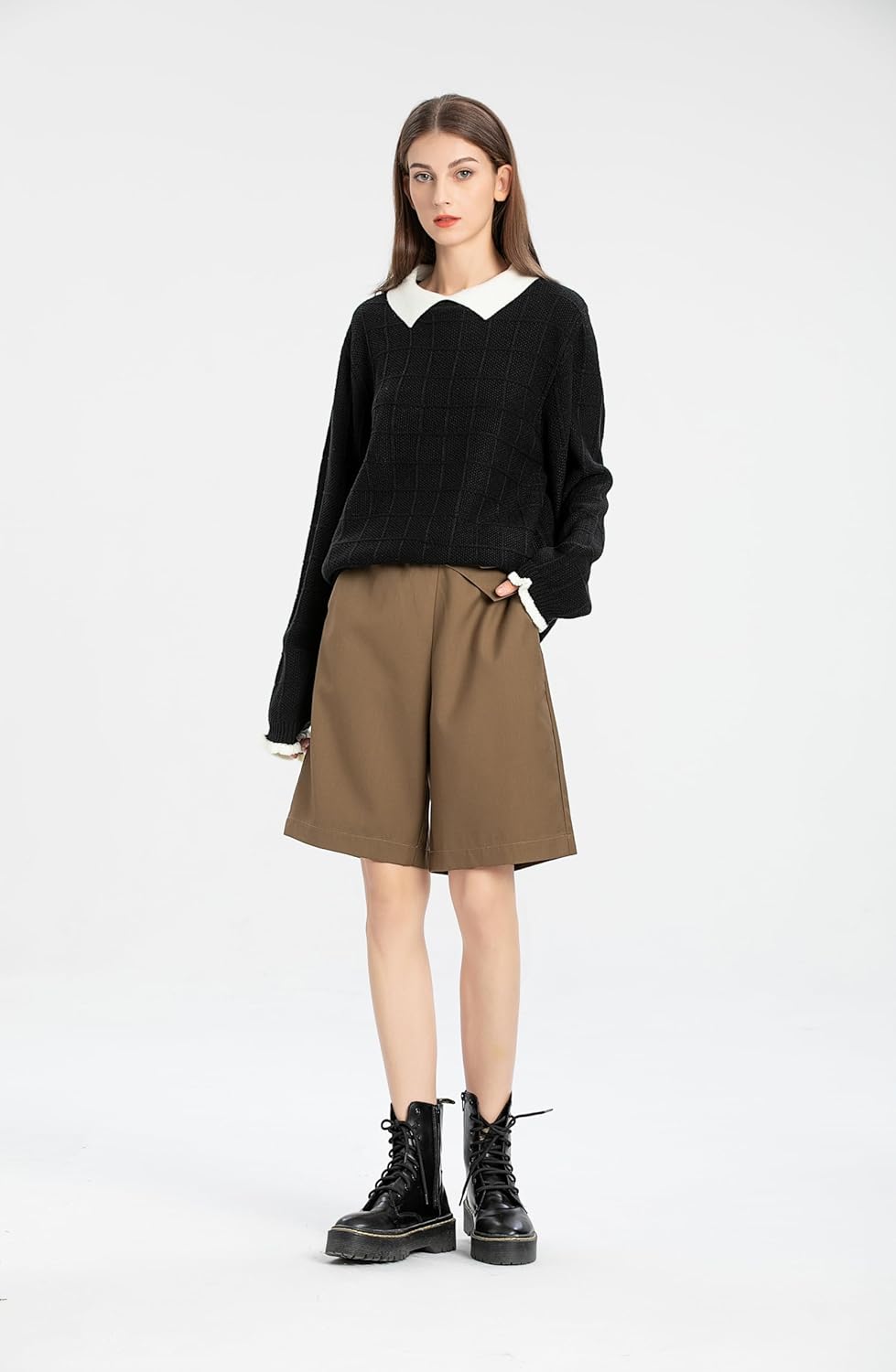 Minibee Women's Pan Collar Knitted Sweater Casual Pullover Sweatshirt