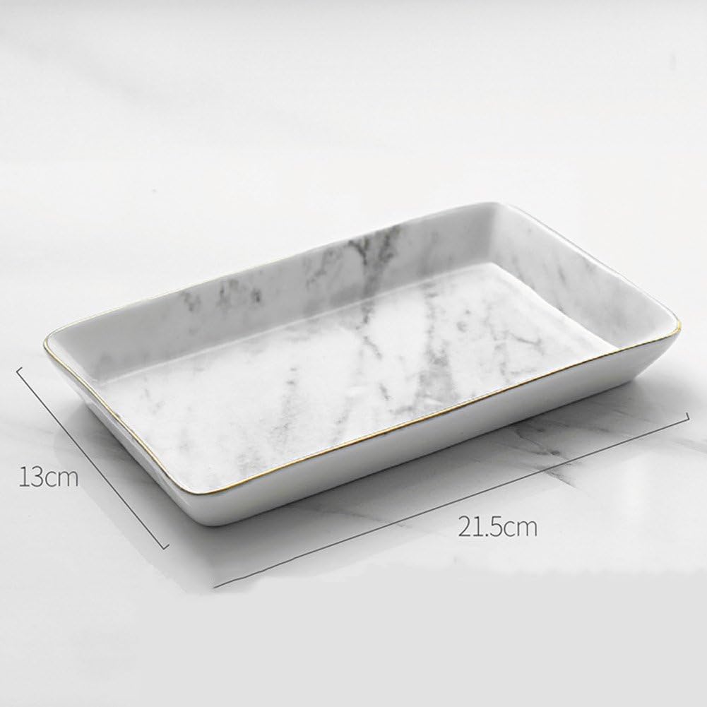Ceramic Marble Gold-Sides Decorative Jewelry Perfume Key Dish Cosmetic Vanity Tray Storage Organizer Ring Storage Tray Decorative Jewelry Trays-B 5x9inch