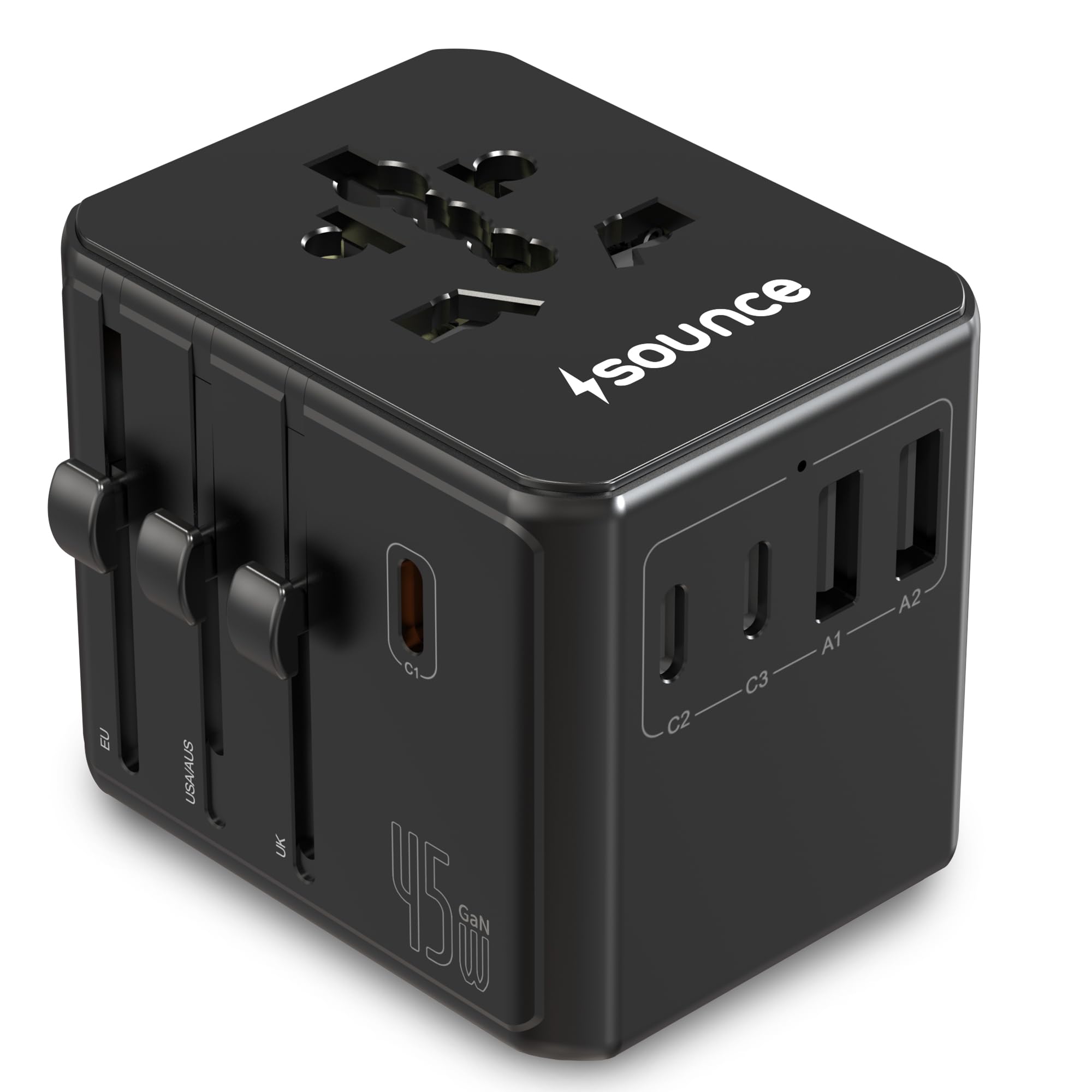 Sounce OmniCharge 45W Universal Travel Adapter with 3X USB-C and 2X USB-A Ports, Multi-Region Plug Support, Fast Charging System, Safety Fuse Protection and Compact Durable Design for TravelUse(Black)-image-18