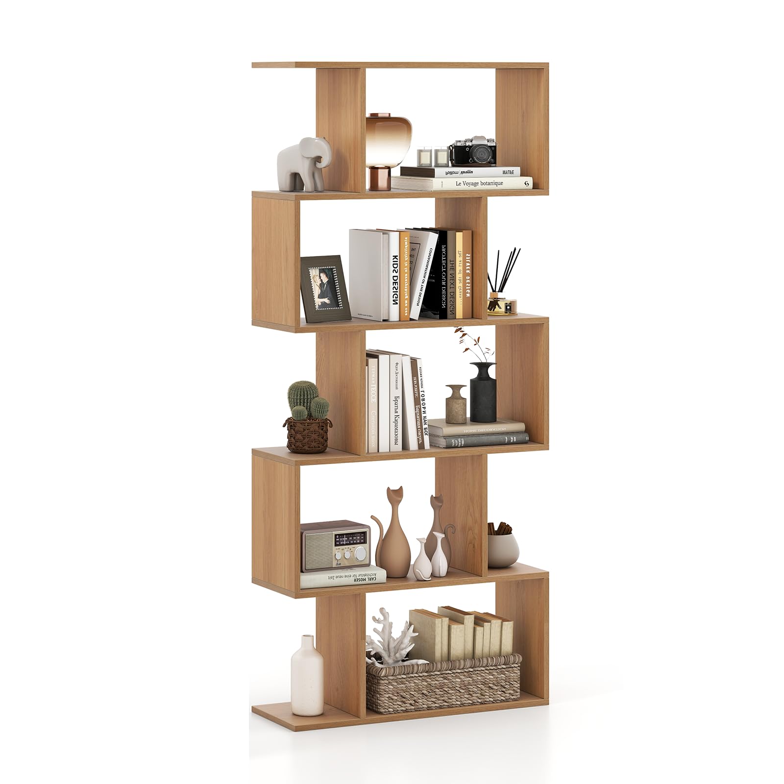 CASART 5/6 Tier Wooden Bookcase, Free Standing Shelving Stand Rack, S-Shaped Bookshelf Storage Display Unit (Natural, 70 x 24 x 158cm) — image 1