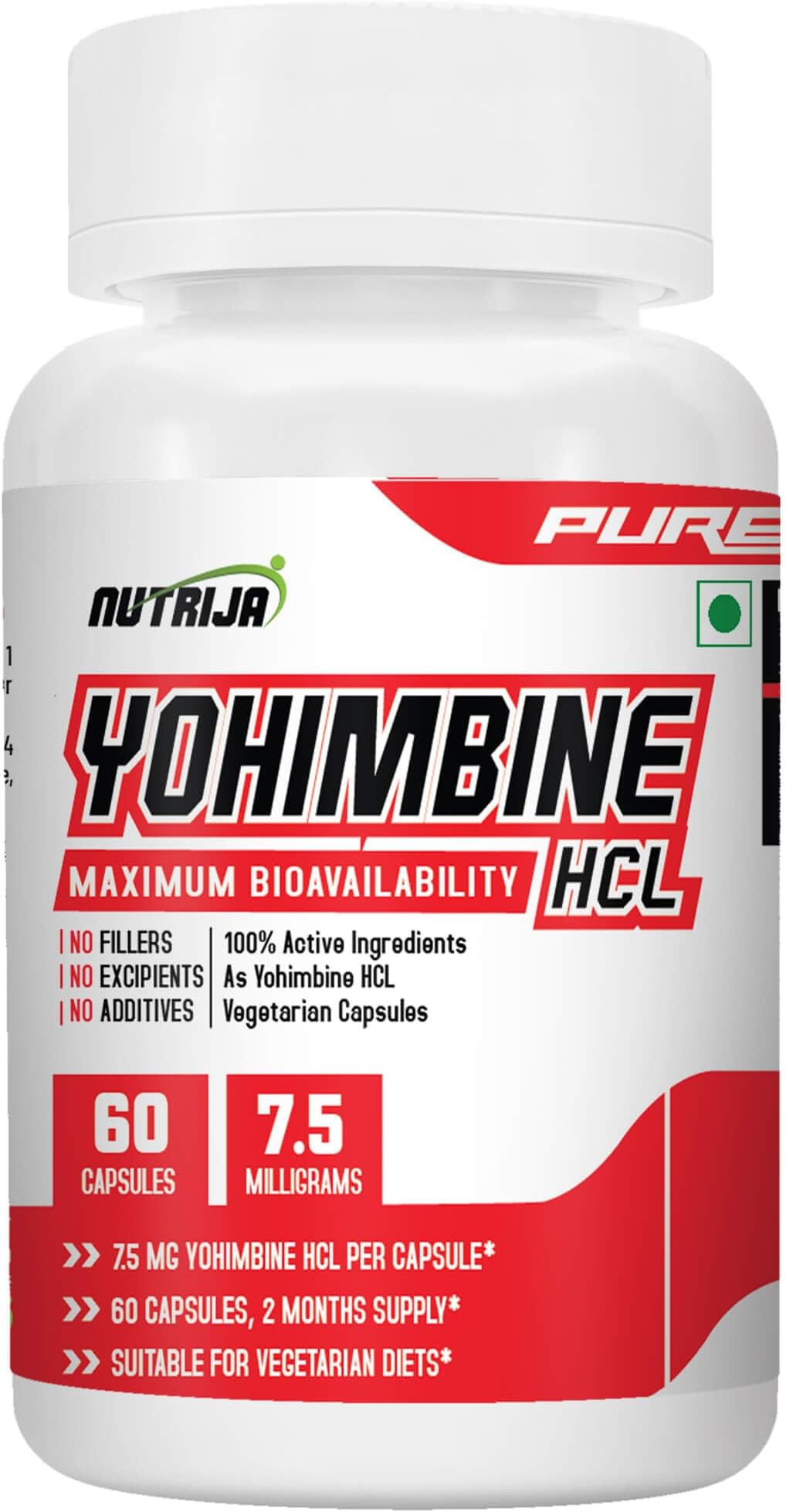 NutriJa Yohimbine HCL 7.5mg | Pure Series Supplement | Single Ingredient Formula | Vegetarian Capsules | 60 Capsules