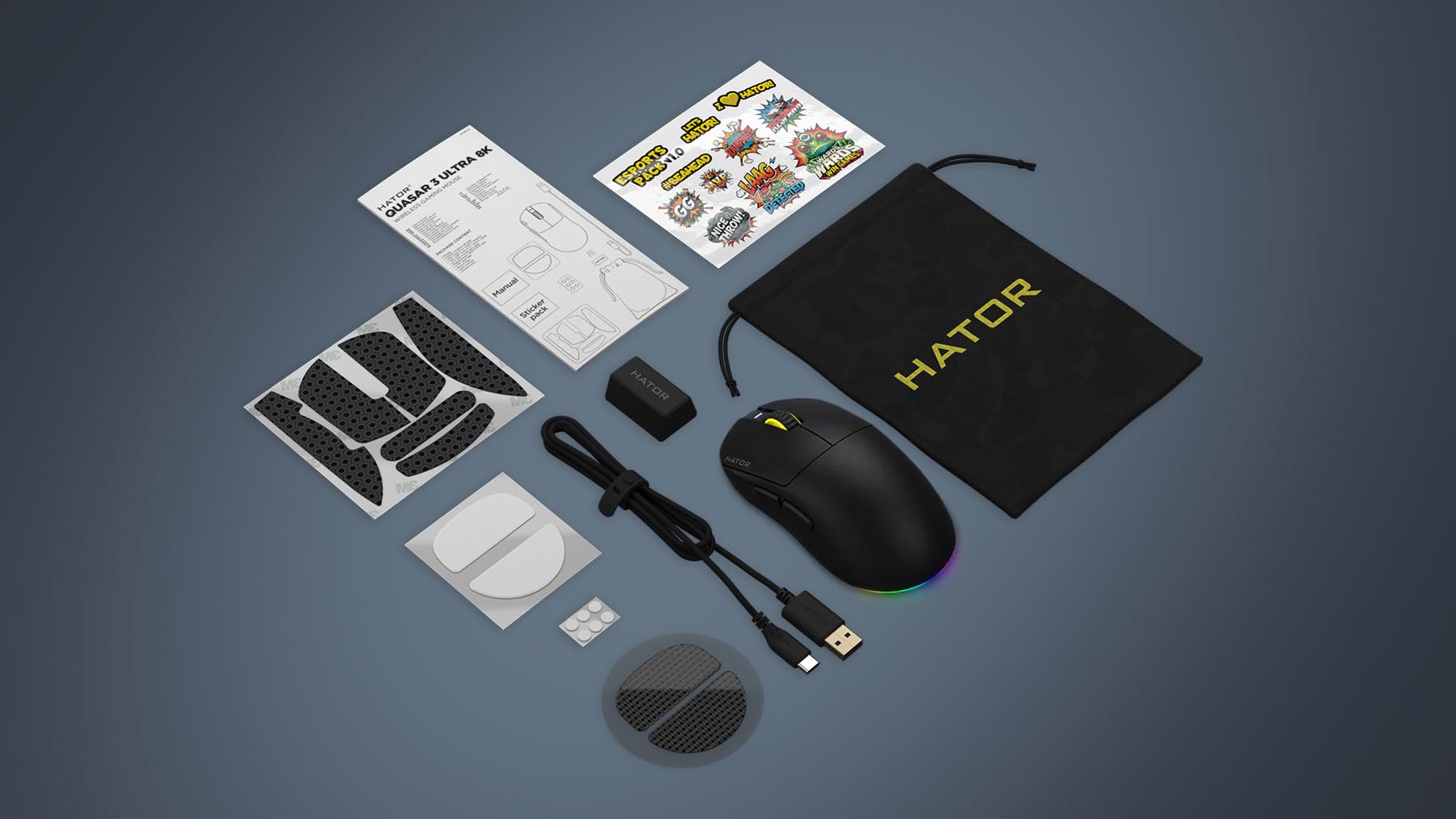 HATOR Quasar 3 Ultra 8K Wireless Ratón Gaming inalámbrico, 65g Ultraligero, PixArt PAW3950, 30000 dpi, Optical Switches 100M, 8000Hz, 2.4GHz/Bluetooth 5.4/USB-C, PTFE Skates, RGB, PC/Mac (Negro)