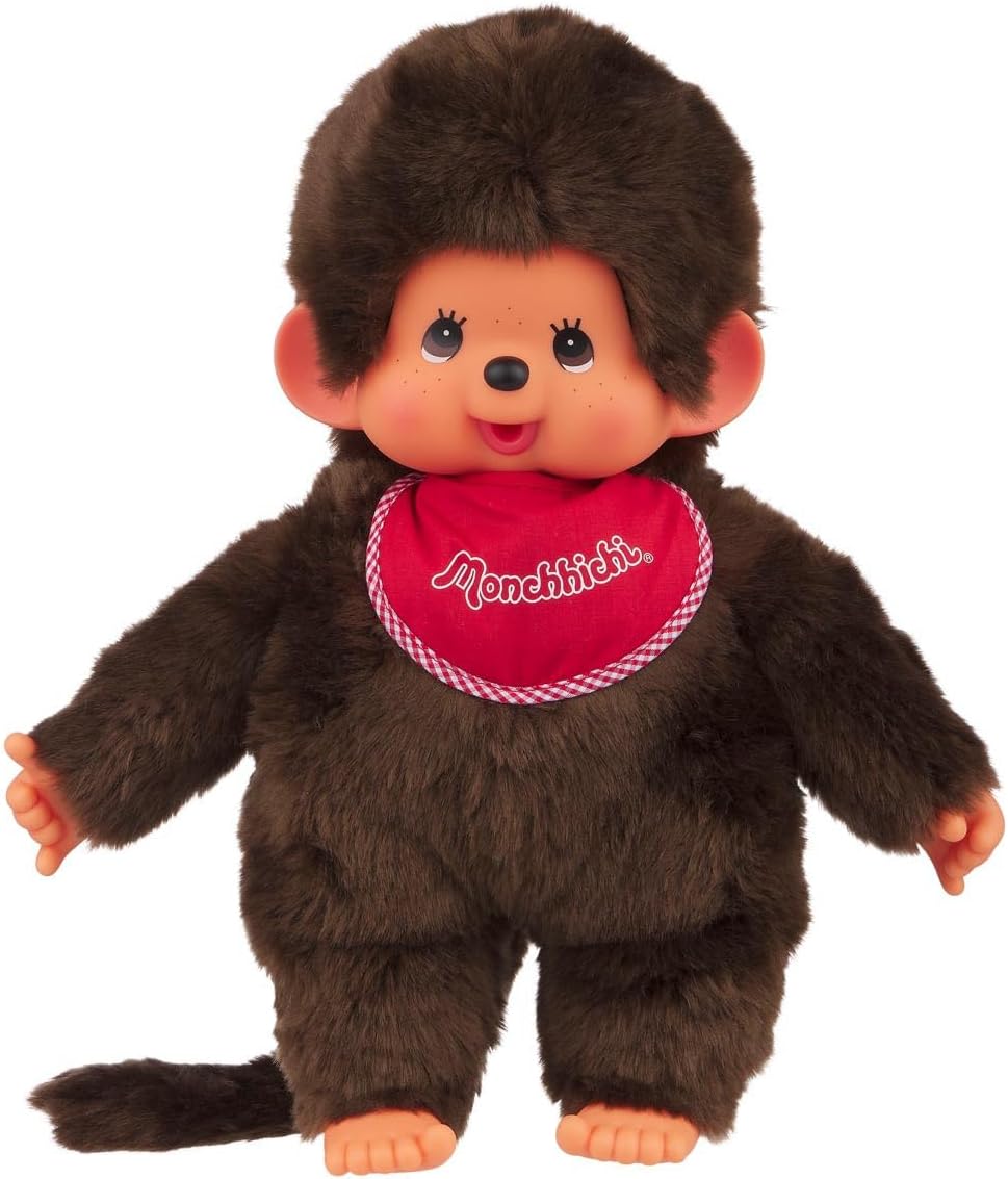 Sekiguchi 255410 - Original Monchhichi Junge, Plüsch-Figur mit rotem Latz und Zöpfen mit Schleifen, ca. 45 cm großes Kuscheltier aus braunem Plüsch