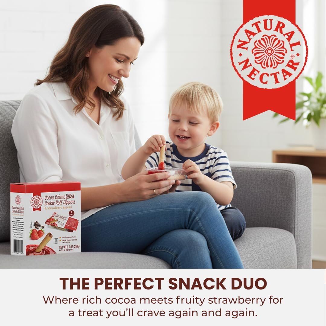 Natural Nectar Cocoa Crème Cookie Rolls with Strawberry Spread Dip – 6 Pack (6 × 8.50 oz) – Crispy Wafer Rolls Paired with Strawberry Spread; Sweet Snack for Sharing