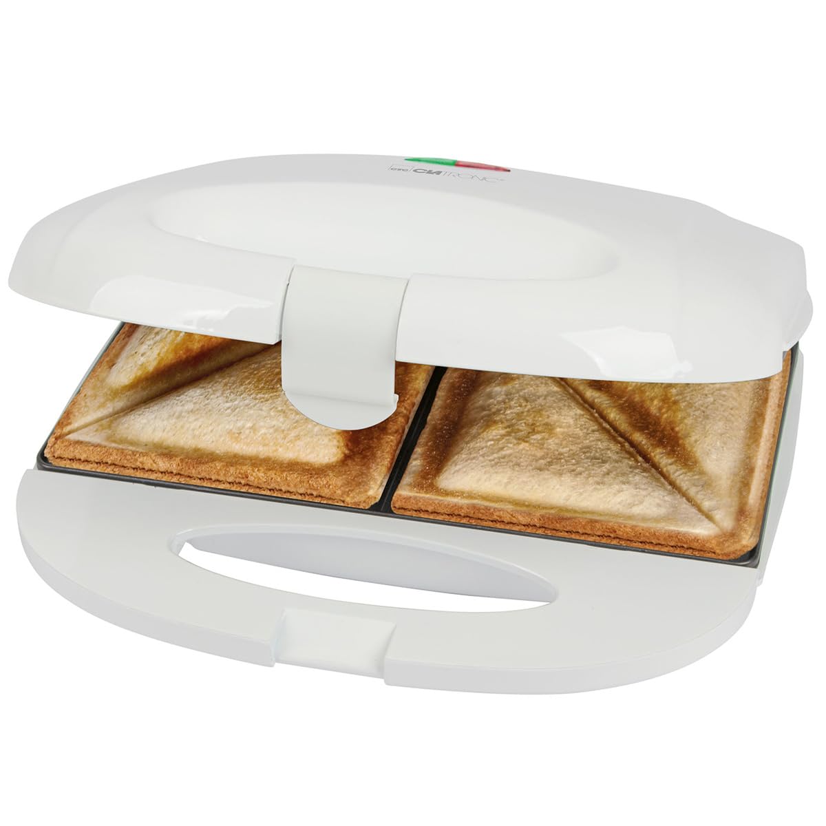 Clatronic® Sandwichmaker | für dreieckige Sandwichplatten | Sandwichtoaster mit Antihaftbeschichtung | Toaster Sandwichtoaster mit Backampel | Sandwich Maker bis zu 820 Watt | ST 3813 weiß