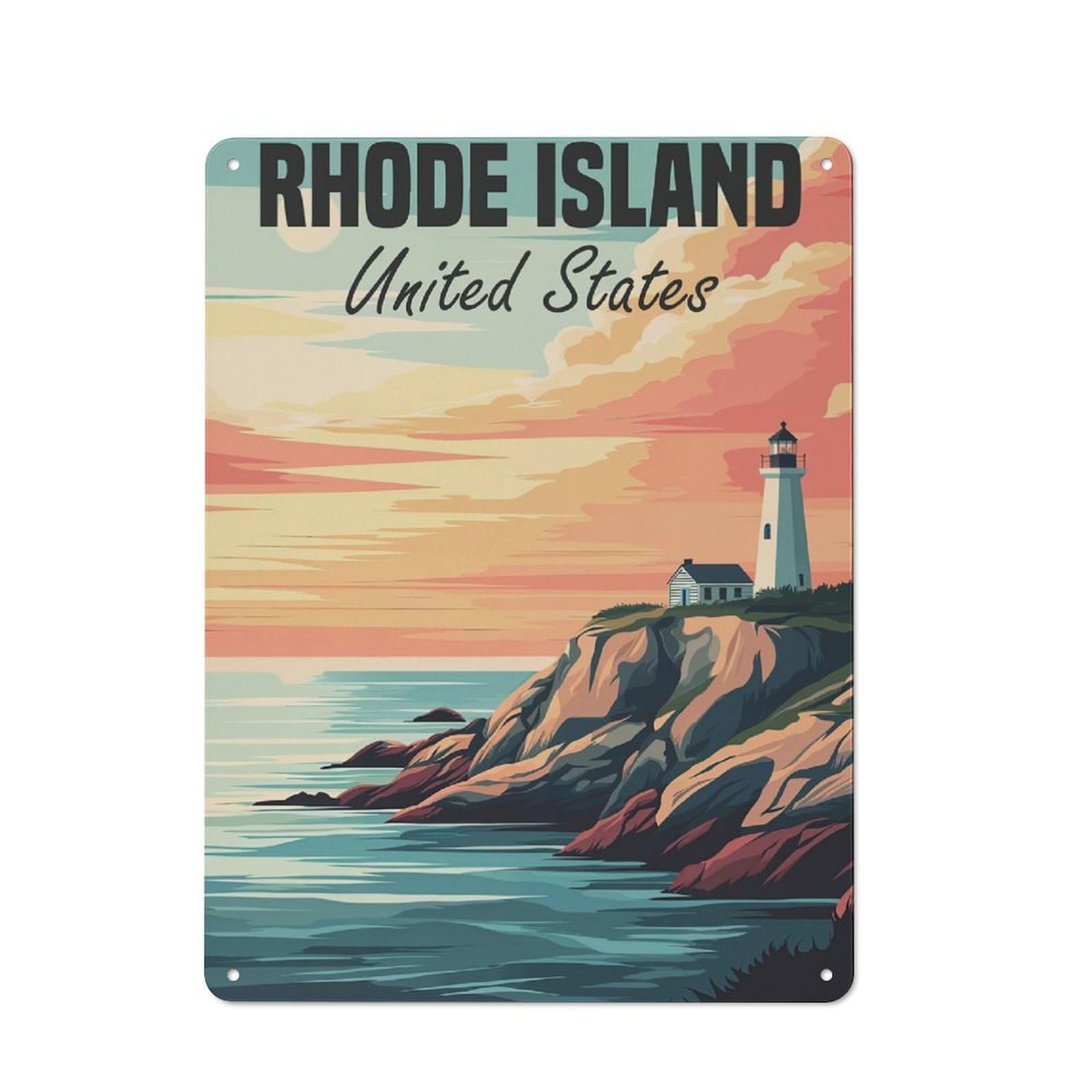 Junmoney Rhode Island Lighthouse Sunset Distressed Look Decorative Tin Sign 40X30cm, Vintage Wall Decor For Lounge, Study, Pub Or Wall Gallery