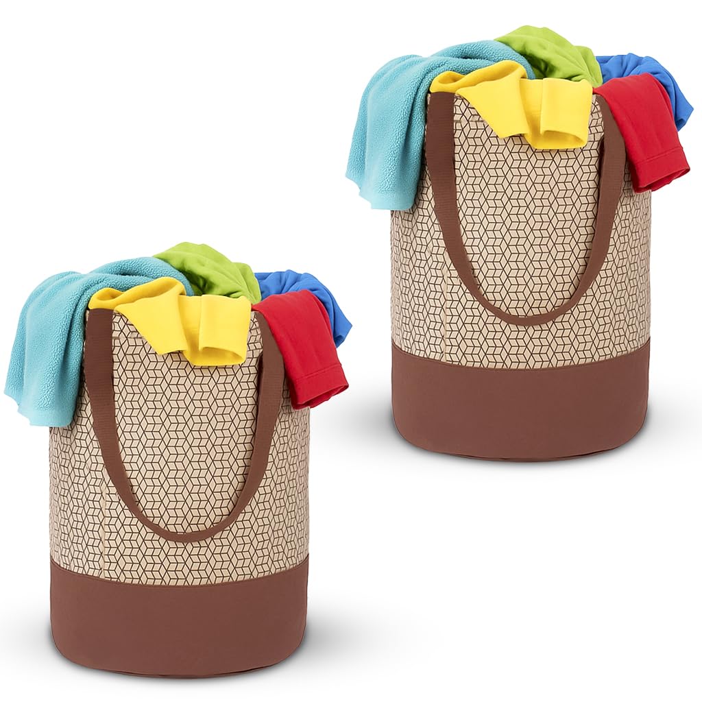 Glun Waterproof Double Layered Round Laundry Bag With Handles Foldable For Cloth, Toys Storage Bag Pack Of 2 Brown - Plastic, 3.94X3.94X3.94 Inch-image-7