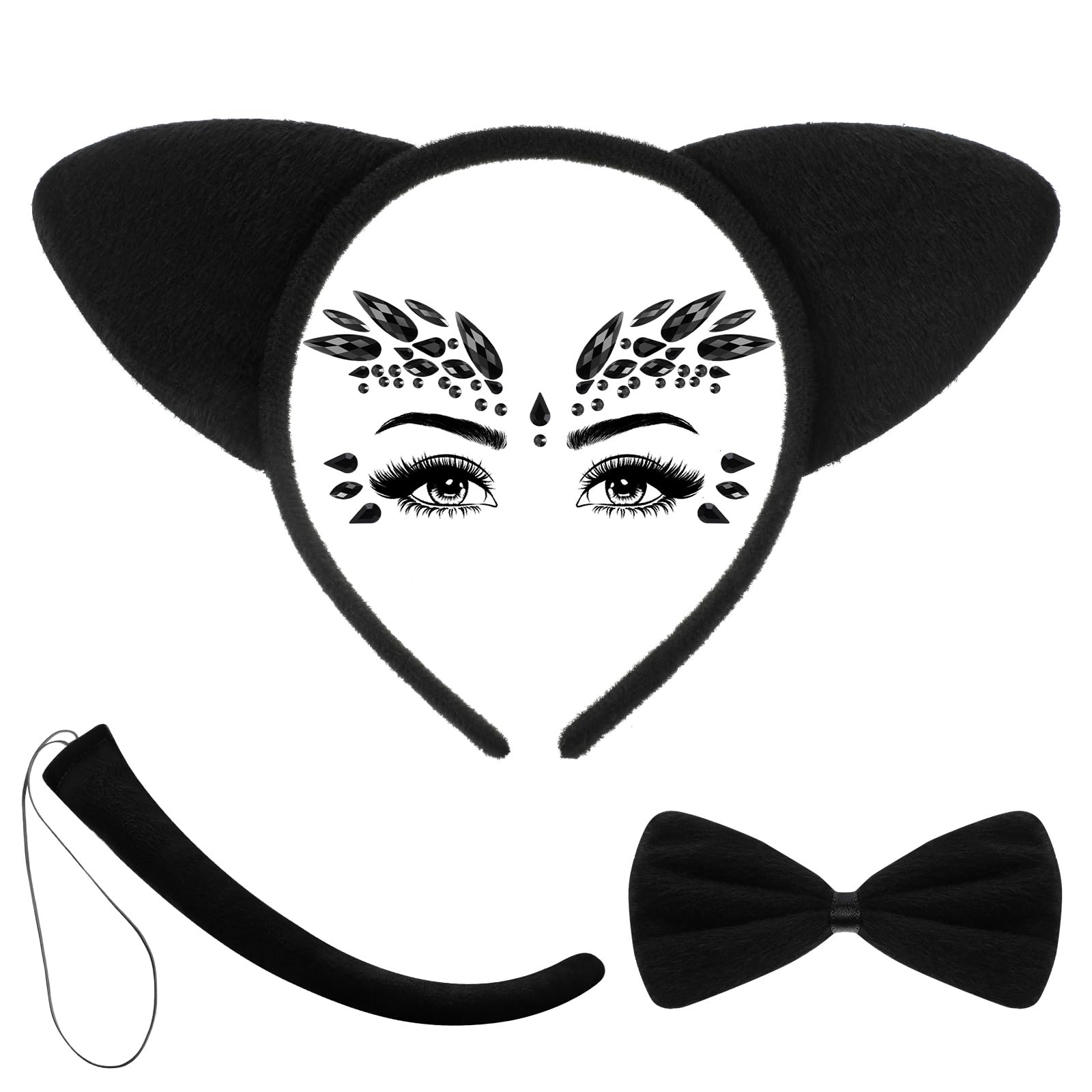 BBTO 4 Accesorios de Disfraz de Gato de Mujer Diadema de Orejas de Gato Cola de Gato Pajarita Pegatinas de Diamantes de Imitación Cristal de Ojos Gemas de Cara para Cosplay Animal, Negro