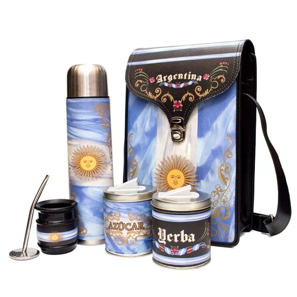 Mates Argentina Eco Leather Complete Set to Drink Yerba Mate Kit All Accesories Included: – Containers – Gourd (Cup) – Bombilla (Straw) – Thermos – Bag, Black. White, Light Blue, 34 X 23 X 12