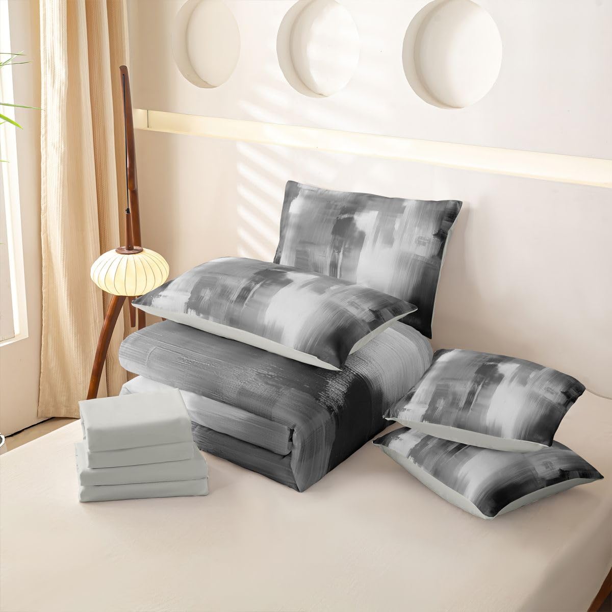 Loussiesd Set di biancheria da letto grigio e bianco con lenzuola, 7 pezzi, per letto singolo, motivo astratto, per bambini, ragazzi, ragazze, grigio e bianco, decorazione per camera da letto