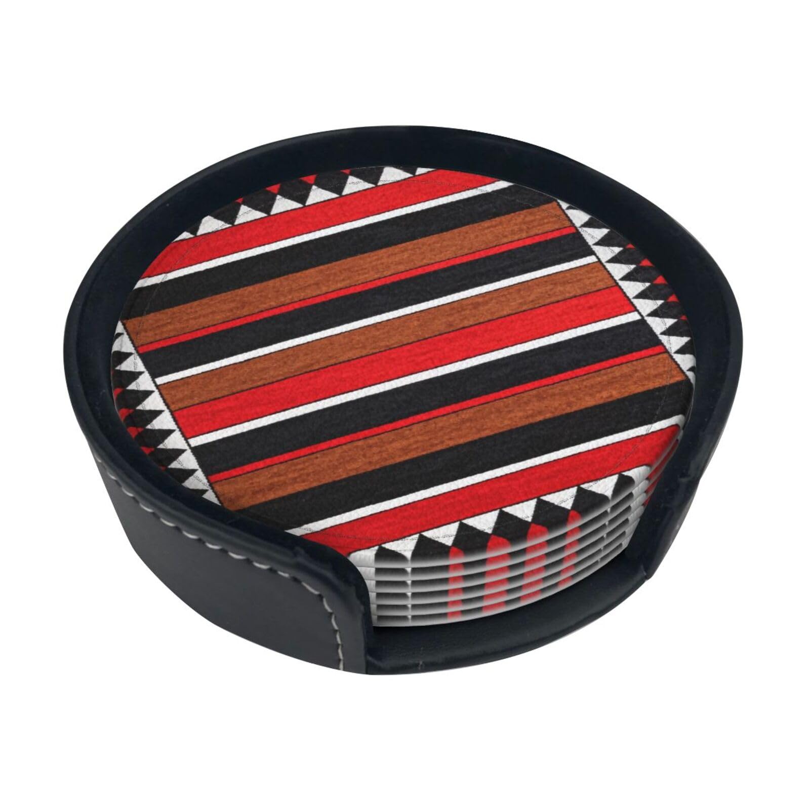 Cntdbu White Geometric Stripes Leather Coasters Set Of 6-Pu Leather Drink Mats For Table, Heat Resistant Round Coasters With Holder