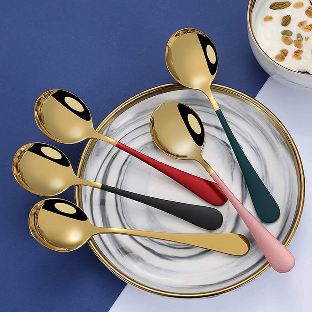 KAKOM 8 Inch Soup Spoons,Stainless Steel Frosted Handle for Ice Cream Demitasse Cocktail Sugar, Round Head Soup Spoons, Thick Long Handle Dinner Spoons Grain, Dessert. (Pack of 8)
