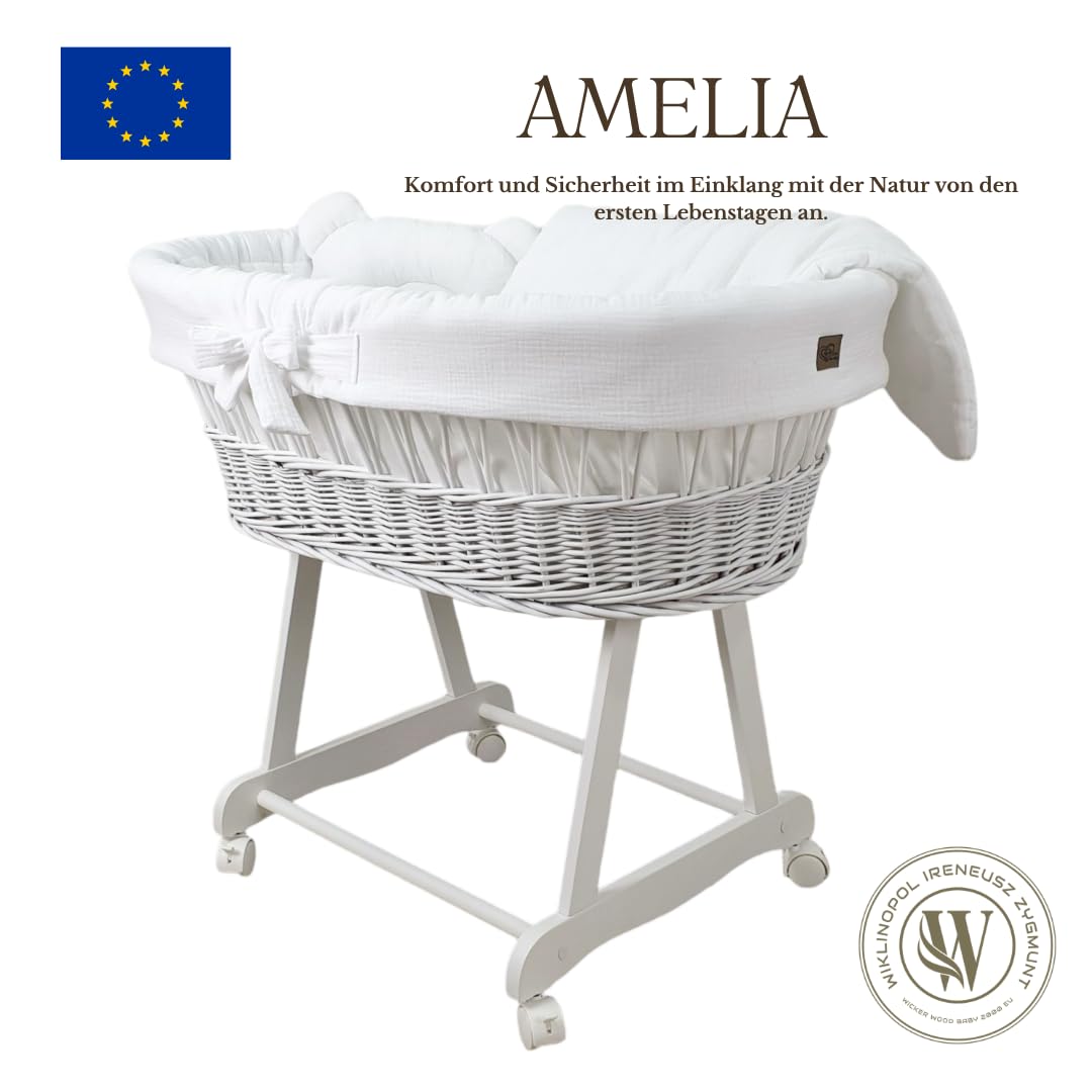 WIKLINOPOL Moisés Bebé con Ruedas y Freno – Cesta de Mimbre Natural con Colchón y Ropa de Cuna de Algodón 100% Oeko-Tex en Blanco– Set Completo para Recién Nacidos – Modelo Amelia