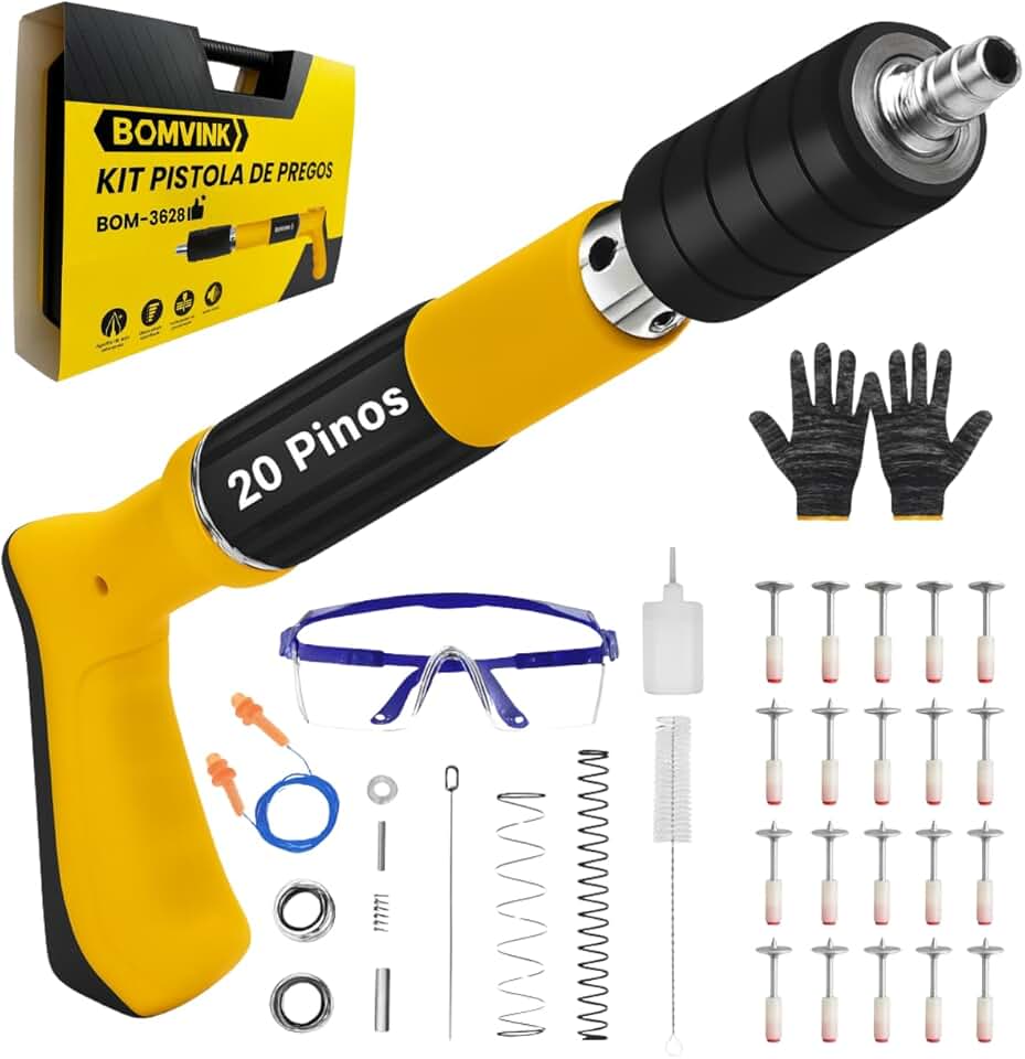 Pistola de Fixação Manual para Concreto, Aço e Drywall Com 20 Pinos – Alta Precisão, Baixo Recuo e Sistema de Segurança – Kit com Óculos, Protetor Auricular, Luvas e Maleta