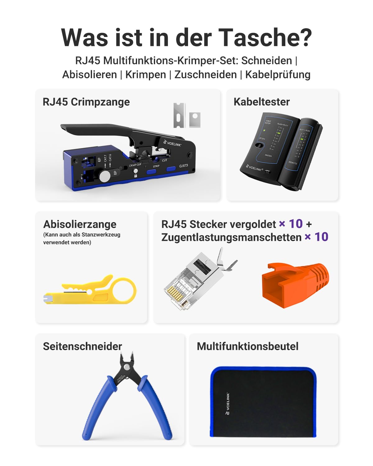 VCELINK Set di strumenti di rete, pinza crimpatrice RJ45 con 10 connettori RJ45 placcati in oro Cat7 Pass Through, tester di rete, pinza spelafili, installazione di rete professionale, strumenti di